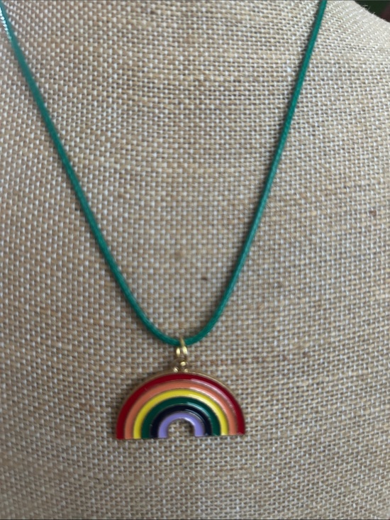 Jewelry - Rainbow Enamel Pendant Necklace on Green Cord